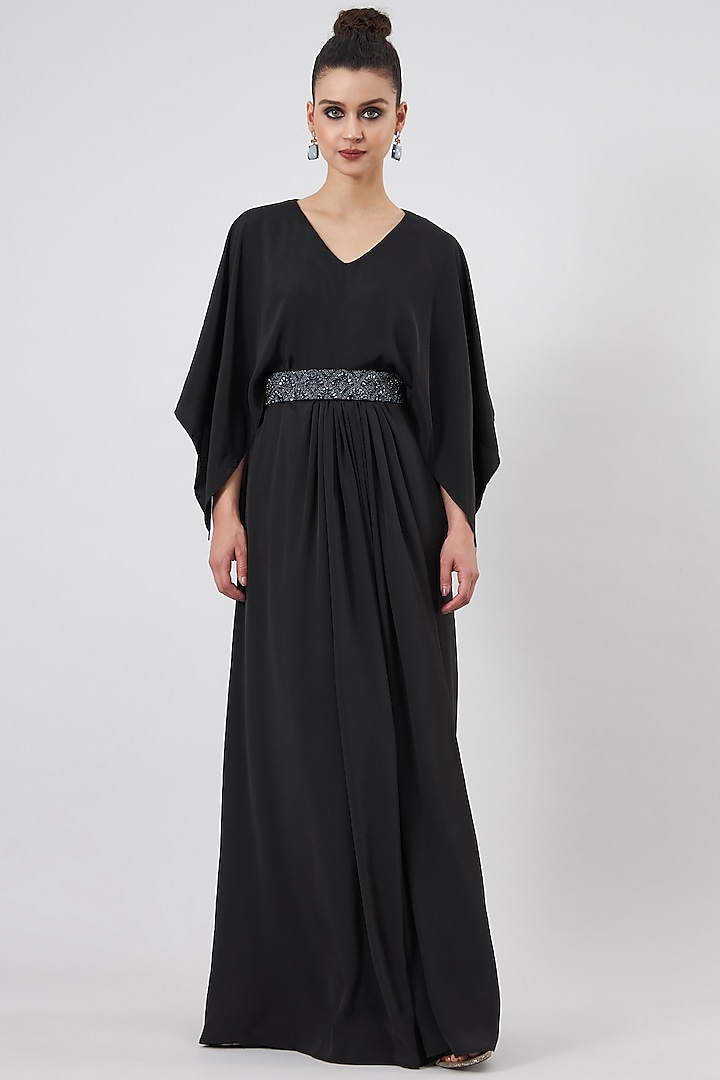 Black Silk Crepe Pleated Dress by Aakaar