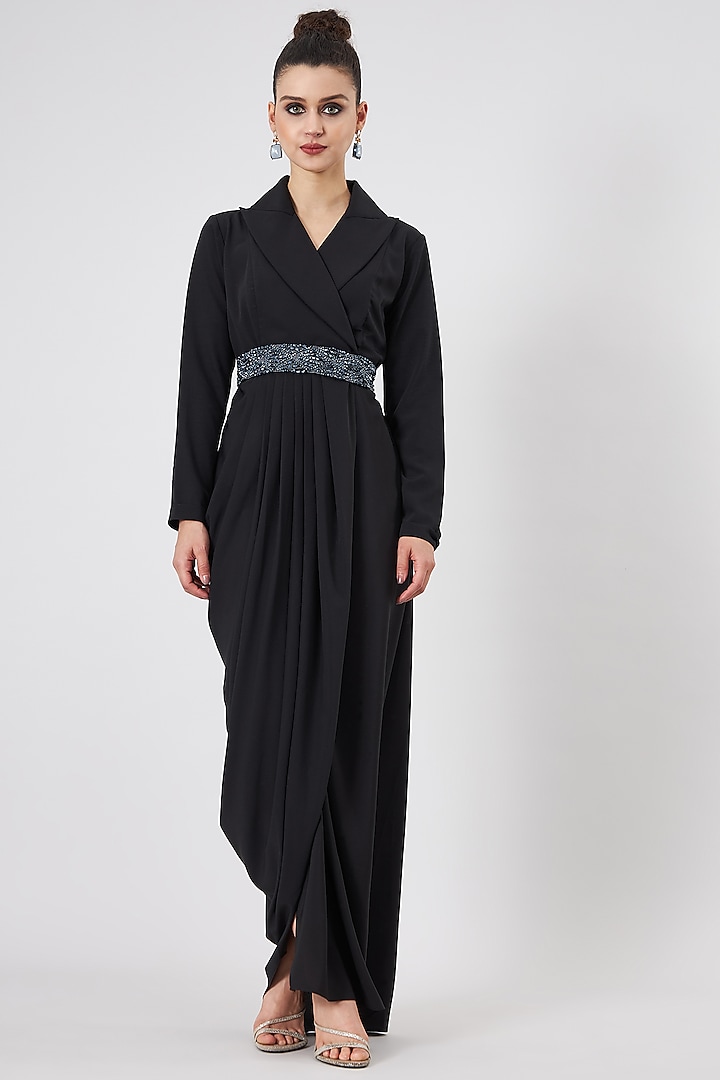 Black Moss Crepe Draped Dress by Aakaar at Pernia's Pop Up Shop