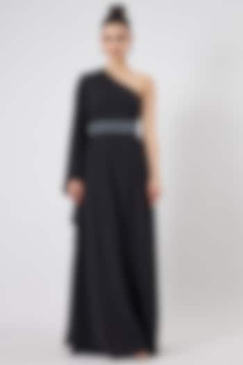 Black Moss Crepe One-Shoulder Dress by Aakaar