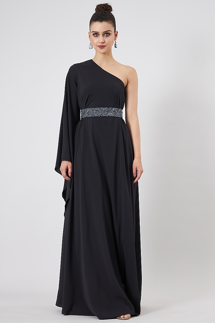 Black Moss Crepe One-Shoulder Dress by Aakaar