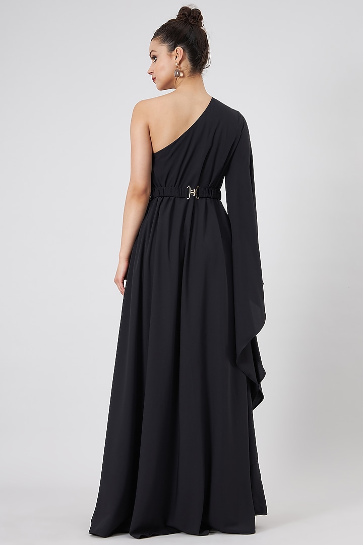 Black Moss Crepe One-Shoulder Summer Dress by Aakaar at Pernia's Pop Up Shop