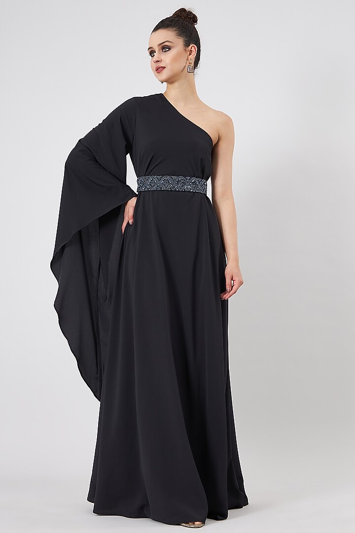 Black Moss Crepe One-Shoulder Summer Dress by Aakaar at Pernia's Pop Up Shop