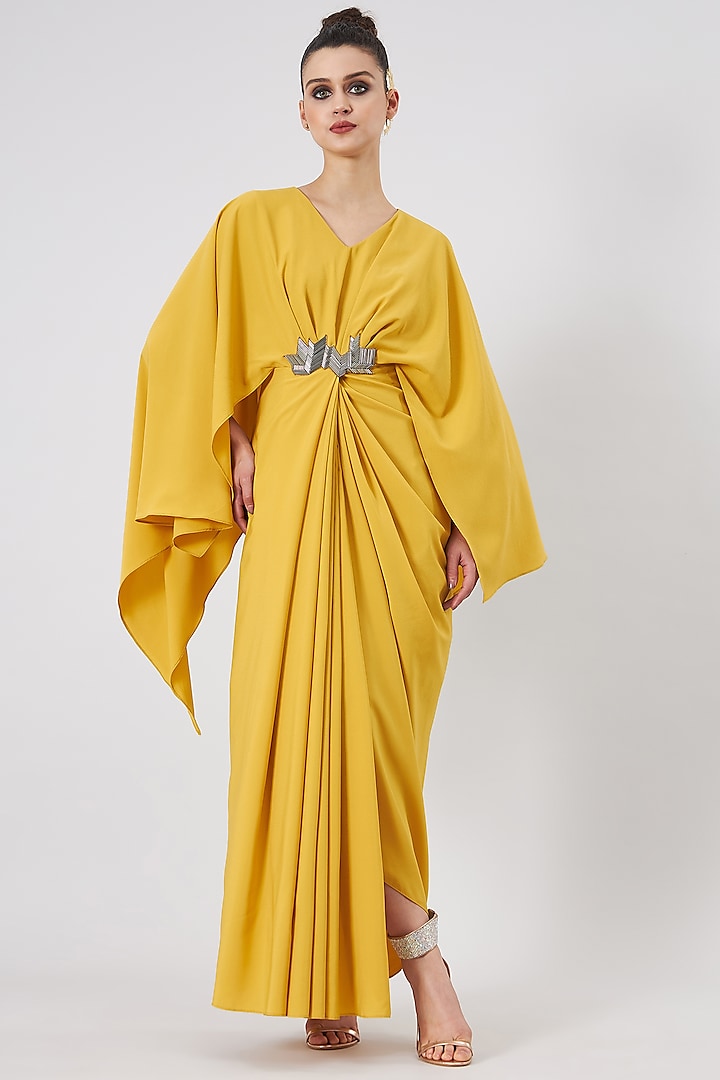 Yellow Moss Crepe Maxi Dress by Aakaar