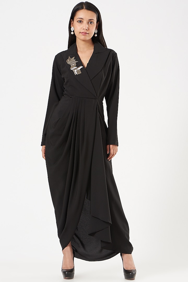 Black Draped Embroidered Dress by Aakaar