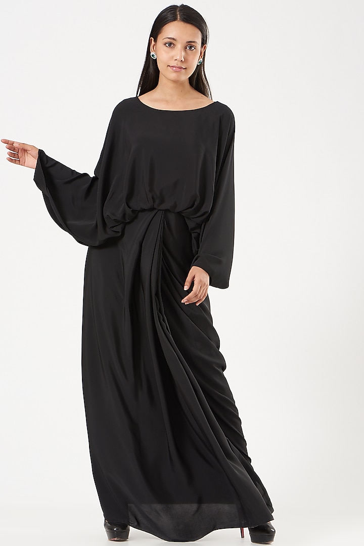 Black Amira Silk Crepe Draped Dress by Aakaar