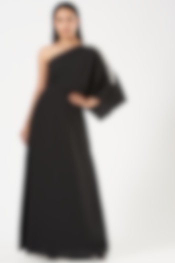 Black Embroidered One-Shoulder Draped Dress by Aakaar