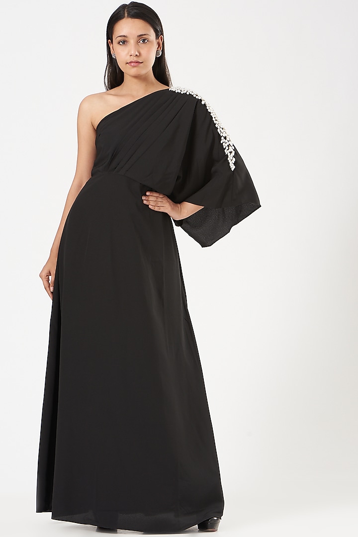 Black Embroidered One-Shoulder Draped Dress by Aakaar