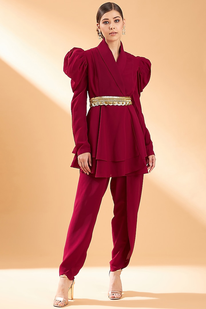 Wine Moss Crepe Co-Ord Set With Belt by Aakaar