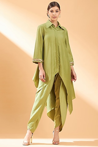 Lime Green Cotton Silk Co-Ord Set by Aakaar
