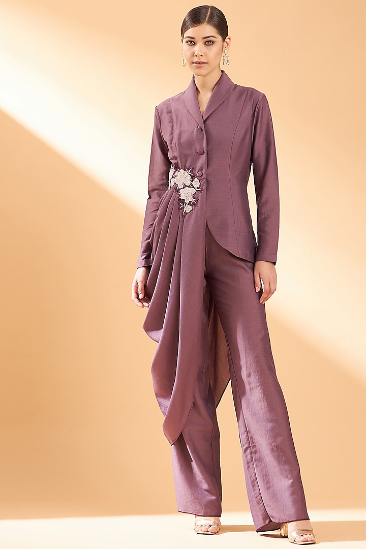 Purple Draped Blazer Set by Aakaar