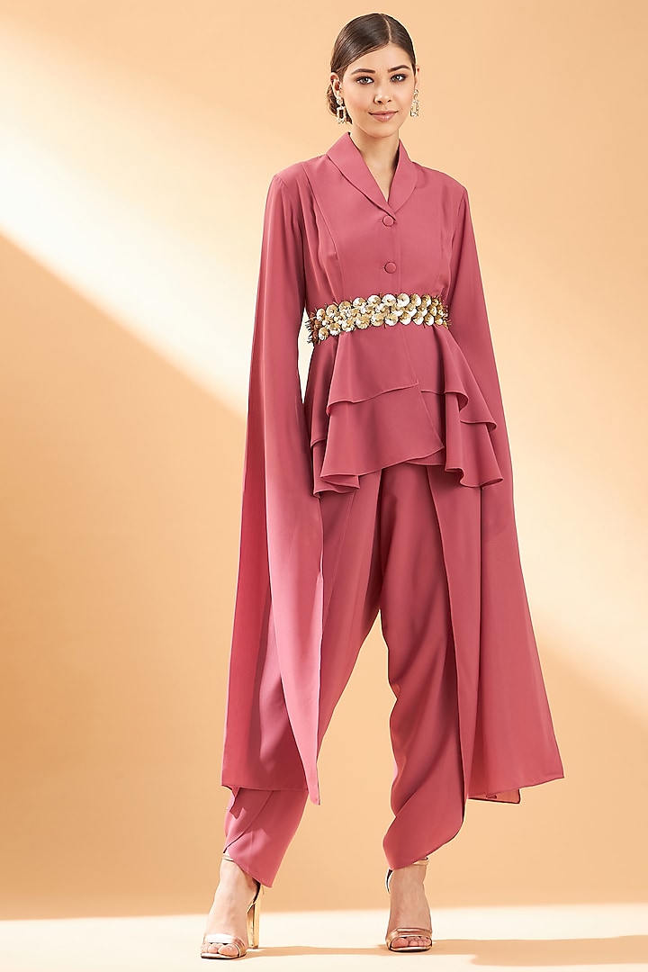 Pink Moss Crepe Co-Ord Set With Belt by Aakaar