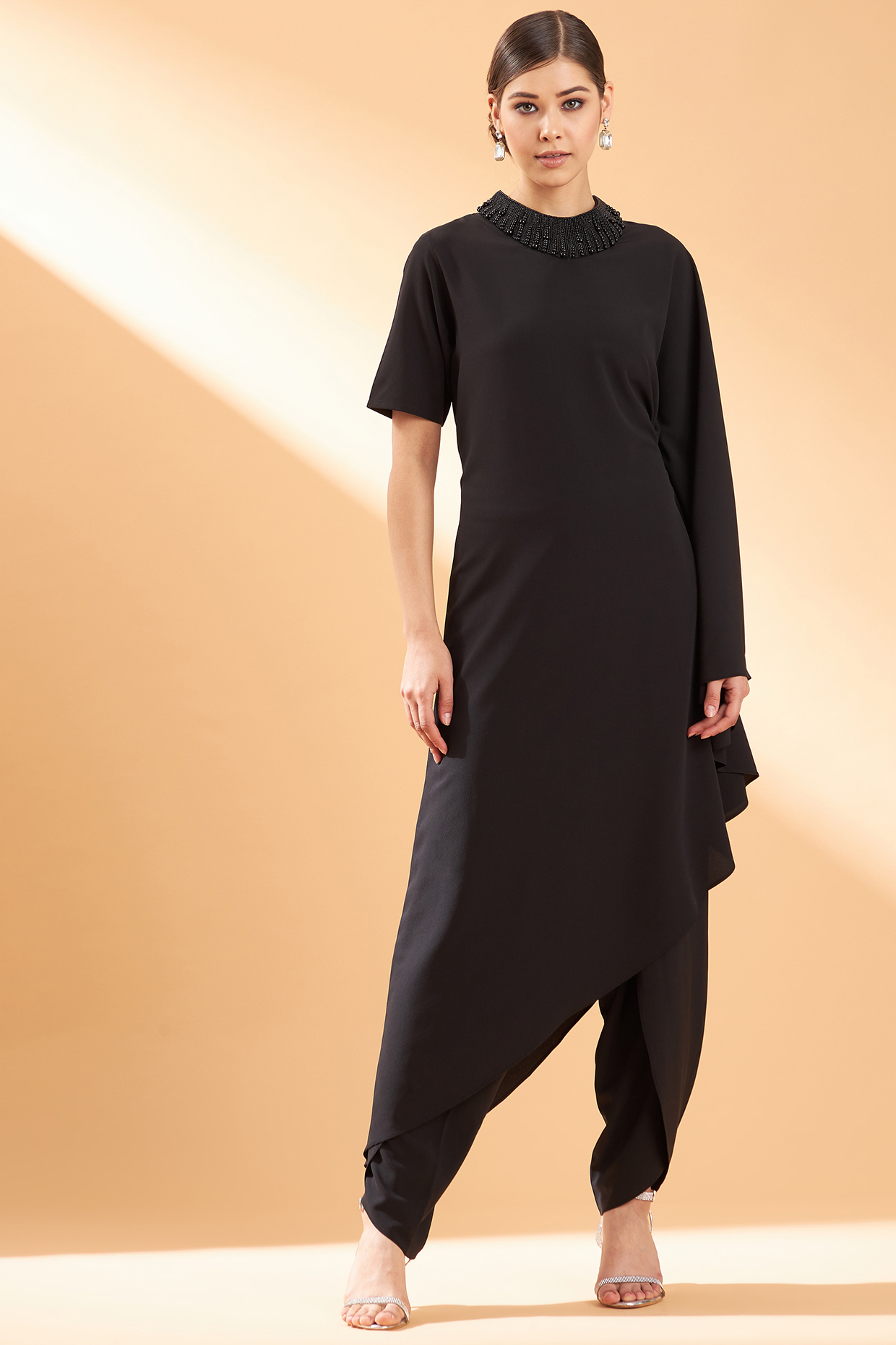 Black Moss Crepe Asymmetrical Tunic Set by Aakaar at Pernia's Pop Up Shop