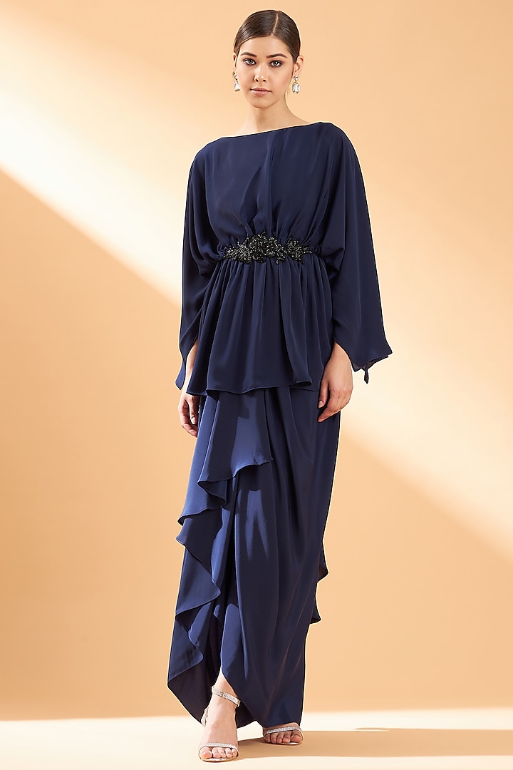 Navy Blue Silk Crepe Co-Ord Set by Aakaar at Pernia's Pop Up Shop