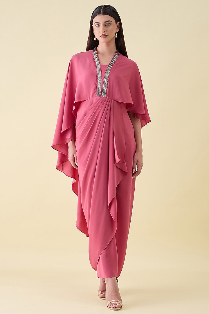 Pink Silk Crepe Metallic Embellished Draped Summer Dress by Aakaar at Pernia's Pop Up Shop