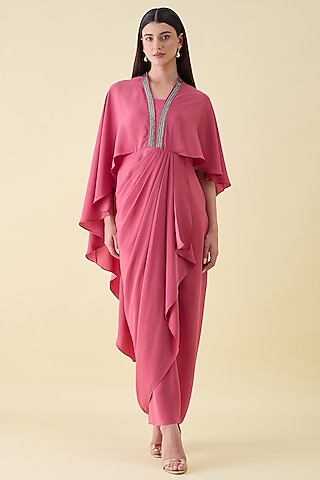 Pink Silk Crepe Metallic Embellished Draped Dress by Aakaar