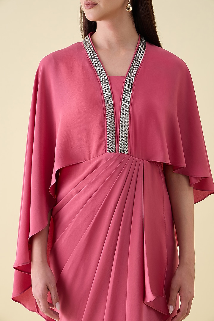 Pink Silk Crepe Metallic Embellished Draped Summer Dress by Aakaar at Pernia's Pop Up Shop