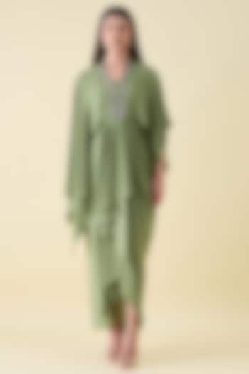 Green Silk Crepe Metallic Embellished Draped Summer Dress by Aakaar at Pernia's Pop Up Shop