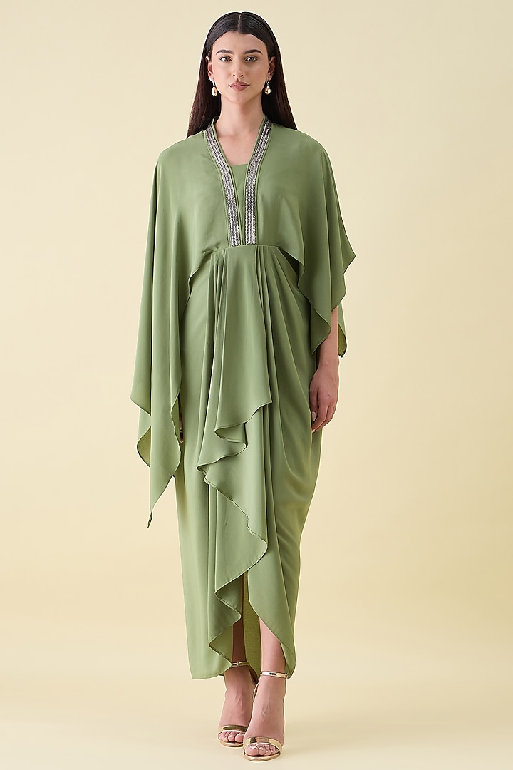 Green Silk Crepe Metallic Embellished Draped Summer Dress by Aakaar at Pernia's Pop Up Shop