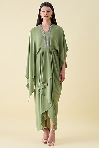 Green Silk Crepe Metallic Embellished Draped Dress by Aakaar