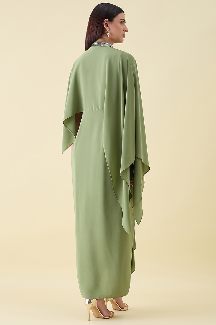 Green Silk Crepe Metallic Embellished Draped Summer Dress by Aakaar at Pernia's Pop Up Shop