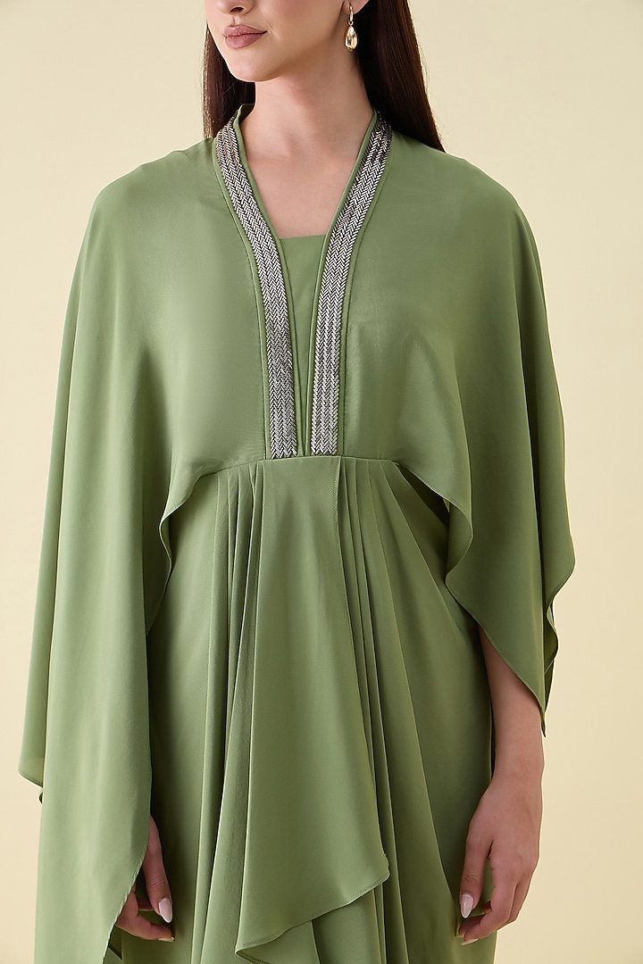 Green Silk Crepe Metallic Embellished Draped Summer Dress by Aakaar at Pernia's Pop Up Shop