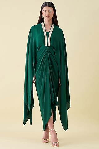 Emerald Silk Crepe Metallic Leather Embellished Draped Dress by Aakaar