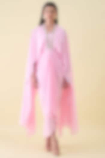 Bubble Pink Moss Crepe Metallic Leather Embellished Draped Summer Dress by Aakaar at Pernia's Pop Up Shop