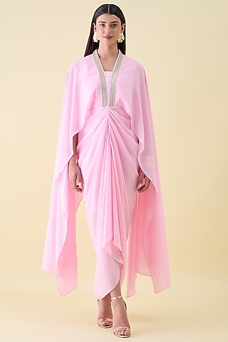 Bubble Pink Moss Crepe Metallic Leather Embellished Draped Dress by Aakaar