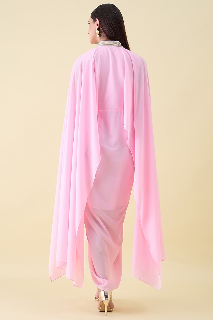 Bubble Pink Moss Crepe Metallic Leather Embellished Draped Summer Dress by Aakaar at Pernia's Pop Up Shop