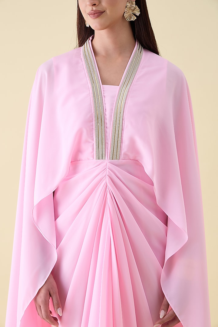 Bubble Pink Moss Crepe Metallic Leather Embellished Draped Summer Dress by Aakaar at Pernia's Pop Up Shop