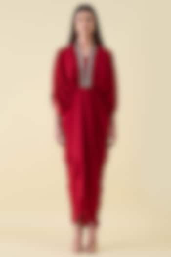 Red Moss Crepe Metallic Embellished Draped Summer Dress by Aakaar at Pernia's Pop Up Shop