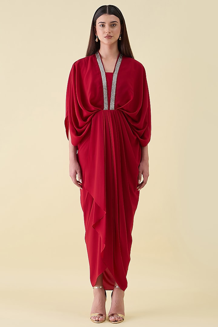 Red Moss Crepe Metallic Embellished Draped Summer Dress by Aakaar at Pernia's Pop Up Shop