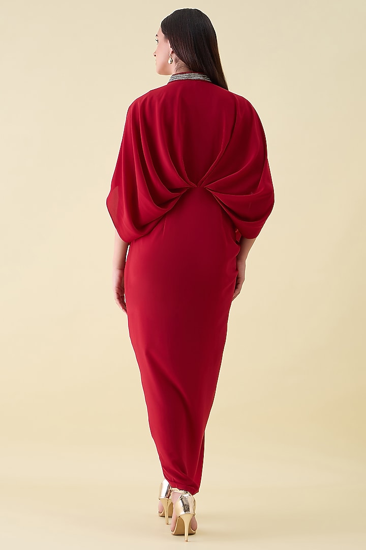 Red Moss Crepe Metallic Embellished Draped Summer Dress by Aakaar at Pernia's Pop Up Shop