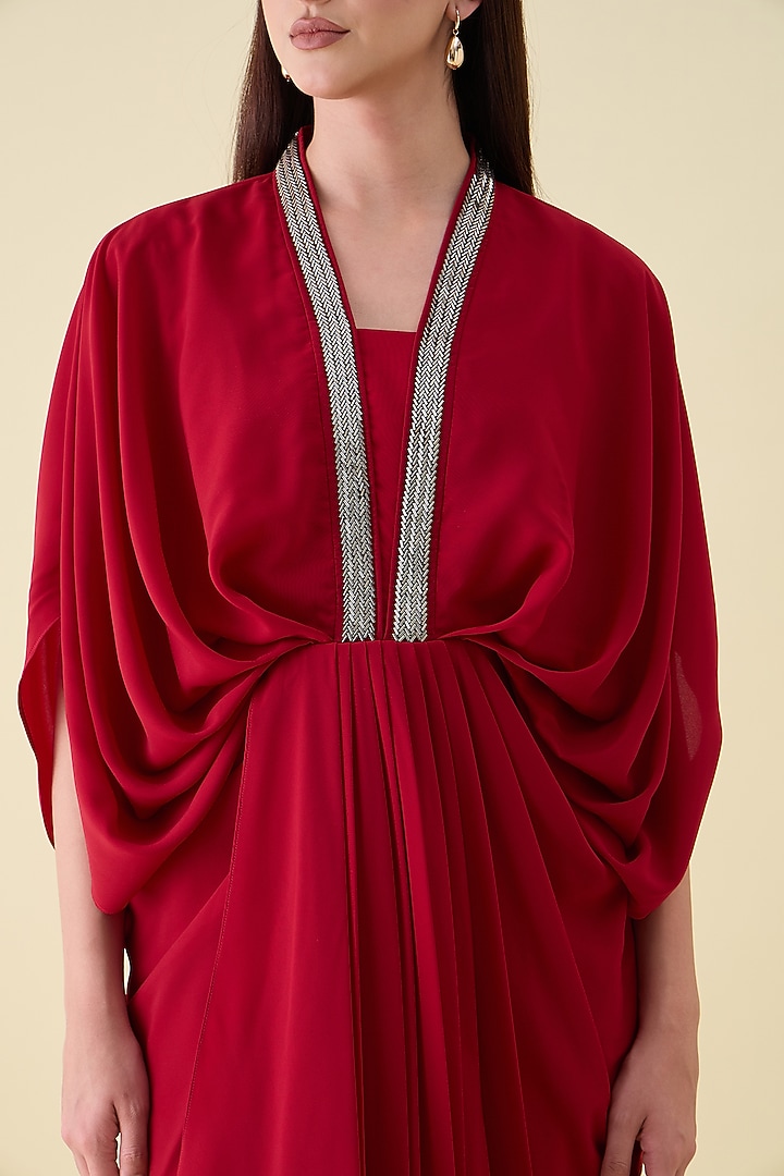 Red Moss Crepe Metallic Embellished Draped Summer Dress by Aakaar at Pernia's Pop Up Shop