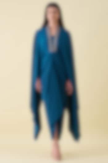 Teal Silk Crepe Metallic Leather Embellished Draped Summer Dress by Aakaar at Pernia's Pop Up Shop
