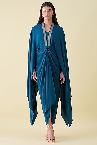 Teal Silk Crepe Metallic Leather Embellished Draped Dress by Aakaar
