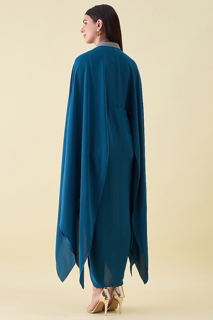 Teal Silk Crepe Metallic Leather Embellished Draped Summer Dress by Aakaar at Pernia's Pop Up Shop