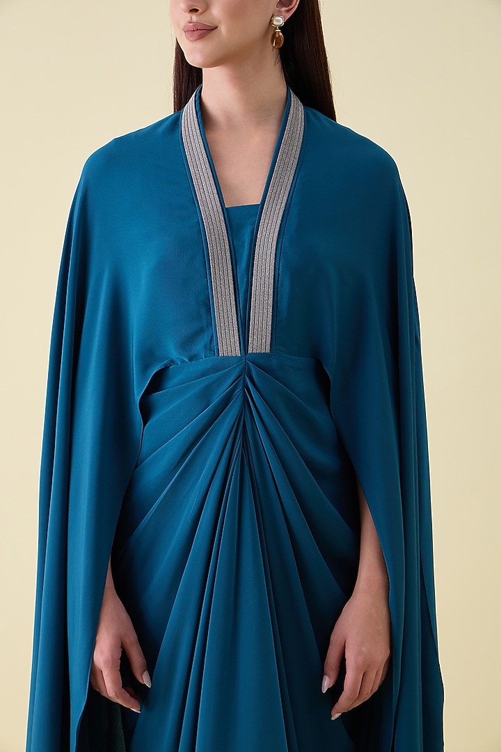 Teal Silk Crepe Metallic Leather Embellished Draped Summer Dress by Aakaar at Pernia's Pop Up Shop