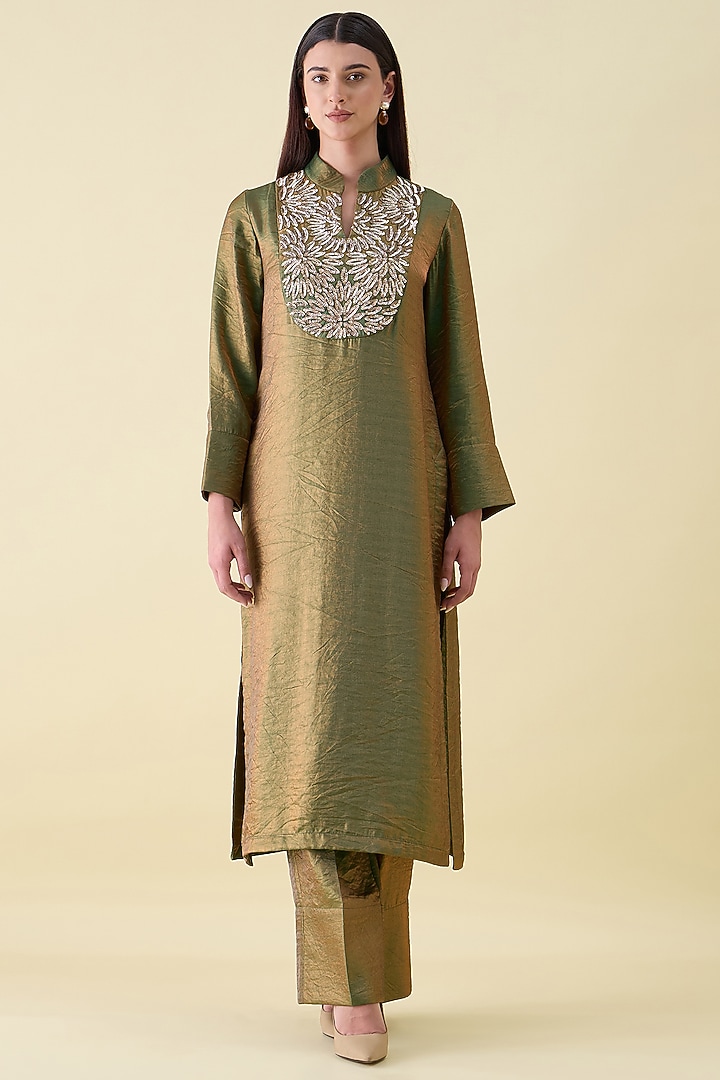 Fern Green Dual Silk Metallic Sequin Embellished Tunic Set by Aakaar at Pernia's Pop Up Shop