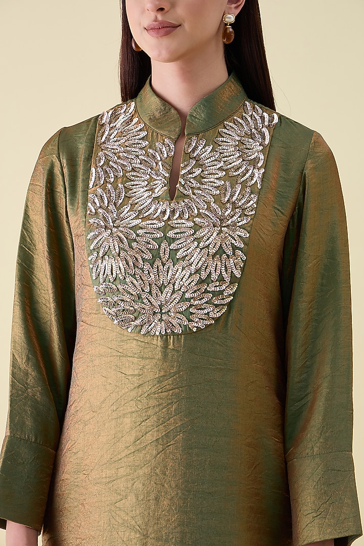 Fern Green Dual Silk Metallic Sequin Embellished Tunic Set by Aakaar at Pernia's Pop Up Shop