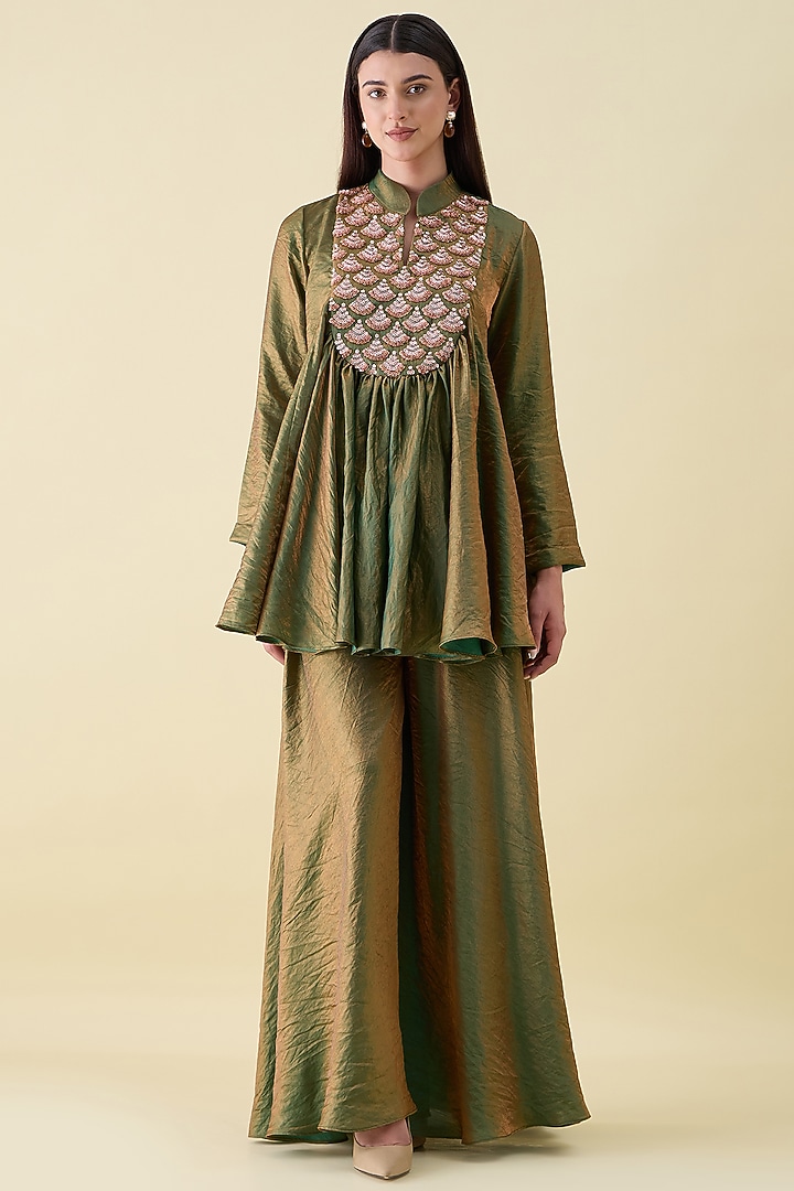 Fern Green Dual Silk Metallic Sequin Embellished Tunic Set by Aakaar at Pernia's Pop Up Shop