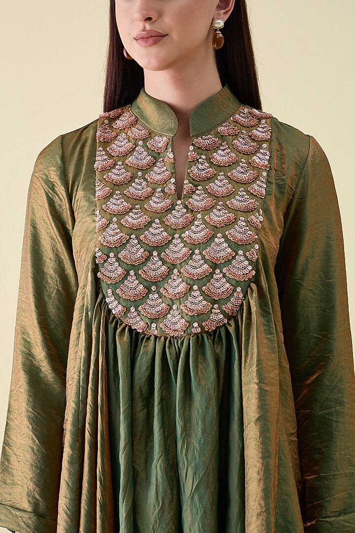 Fern Green Dual Silk Metallic Sequin Embellished Tunic Set by Aakaar at Pernia's Pop Up Shop