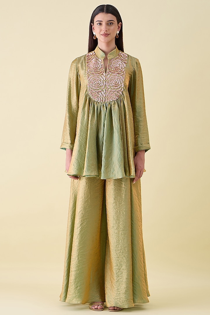 Green Dual Silk Metallic Sequin Embellished Tunic Set by Aakaar at Pernia's Pop Up Shop