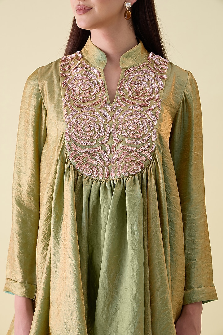 Green Dual Silk Metallic Sequin Embellished Tunic Set by Aakaar at Pernia's Pop Up Shop