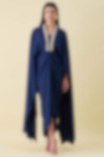Navy Moss Crepe Metallic Leather Embellished Draped Summer Dress by Aakaar at Pernia's Pop Up Shop