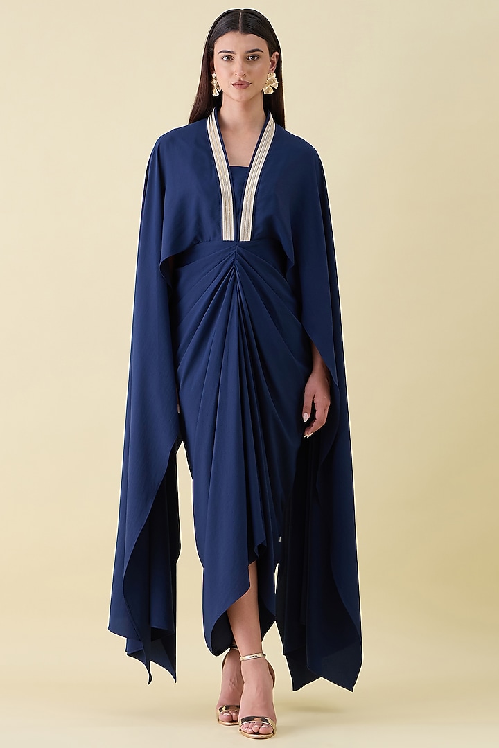 Navy Moss Crepe Metallic Leather Embellished Draped Summer Dress by Aakaar at Pernia's Pop Up Shop