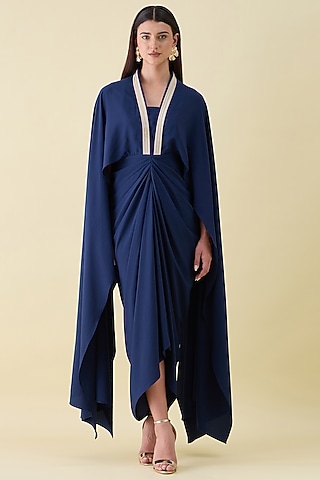 Navy Moss Crepe Metallic Leather Embellished Draped Dress by Aakaar
