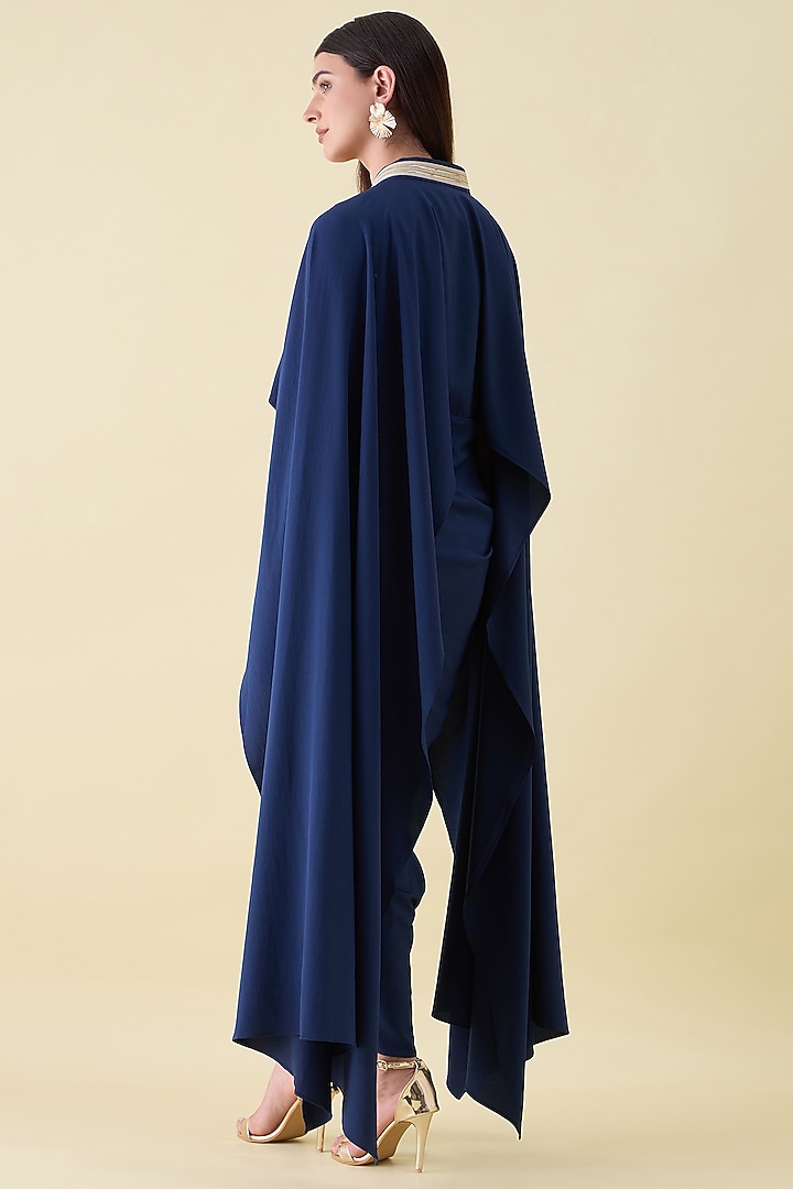 Navy Moss Crepe Metallic Leather Embellished Draped Summer Dress by Aakaar at Pernia's Pop Up Shop