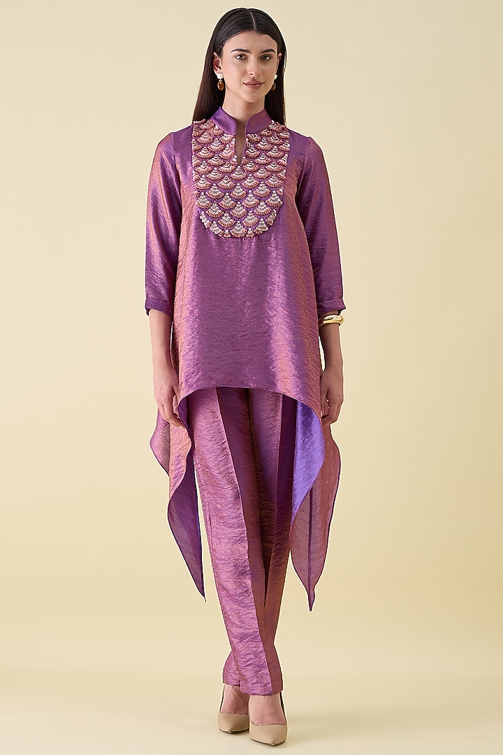 Purple Dual Silk Embellished Tunic Set by Aakaar at Pernia's Pop Up Shop