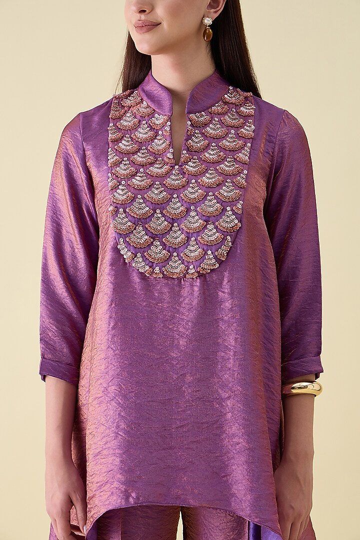 Purple Dual Silk Embellished Tunic Set by Aakaar at Pernia's Pop Up Shop